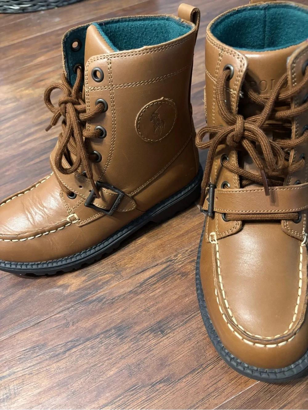 Ralph Lauren Tan Leather Kids Lace-Up & Strap Boots with Teal Lining